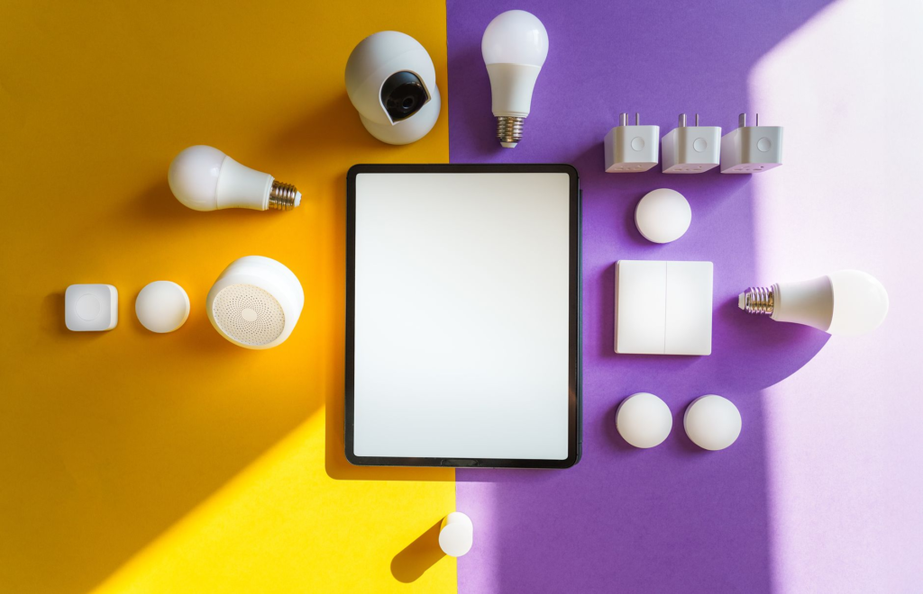 Smart home devices displayed in a modern living room to highlight technology in security. — home security checklist