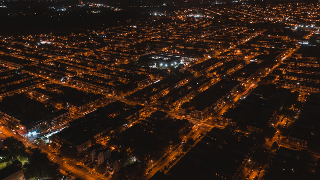 A well-lit street in a Pennsylvania neighborhood at night. — crime prevention tips Pennsylvania